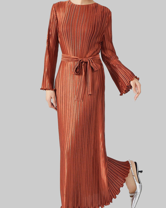 PLEATS PLEASE ISSEY MIYAKE Style Long Sleeve Pleated Maxi Dress – Lace-Up Waist