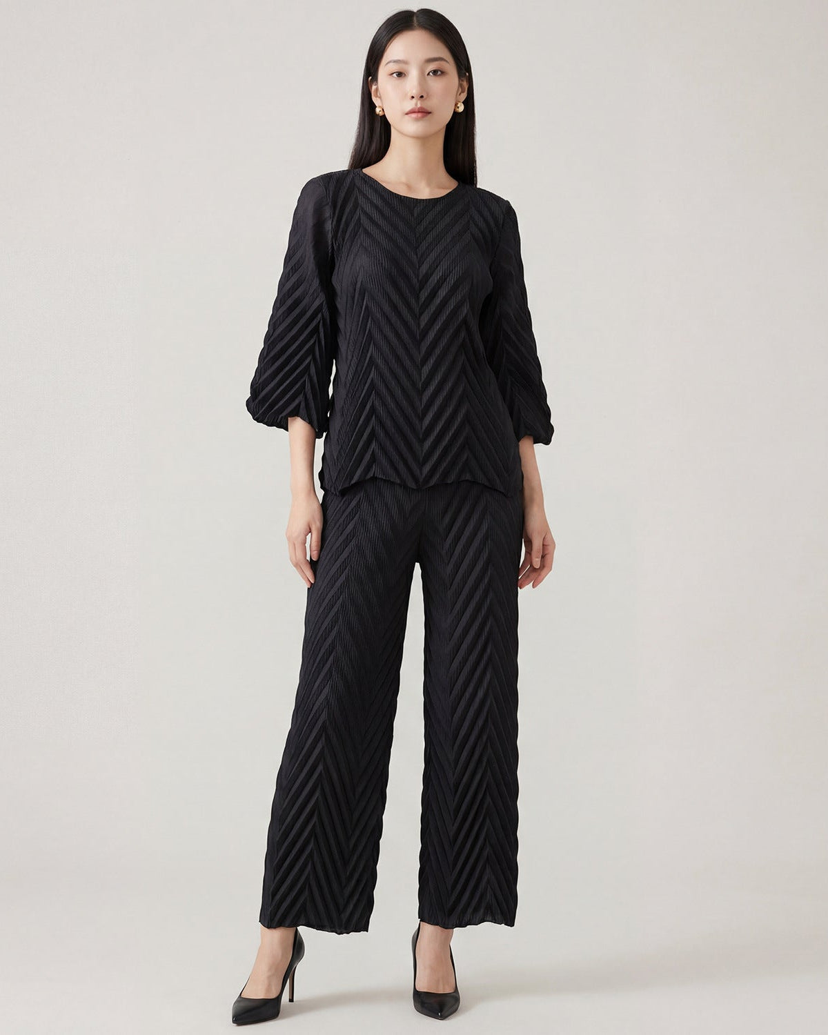 Pleated Long-Sleeve Crew-Neck Top & Wide-Leg Pants Set