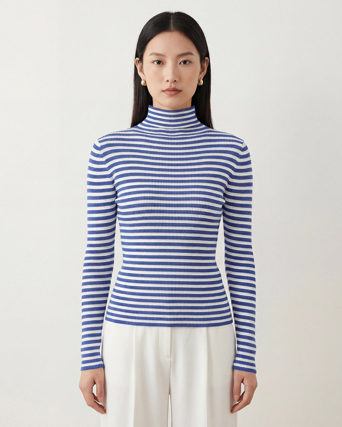 Pleated Semi-Turtleneck Slim-Fit Long-Sleeve Top