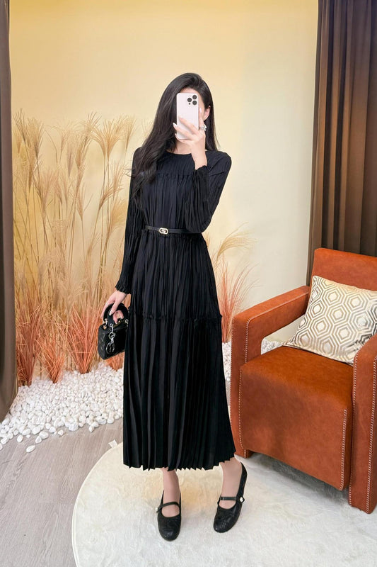 PLEATS PLEASE ISSEY MIYAKE Style Solid Color Pleated Long Sleeve Dress