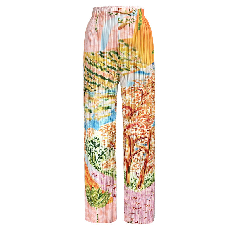 Pleated Tree Painting Print Two-Piece Set for Women