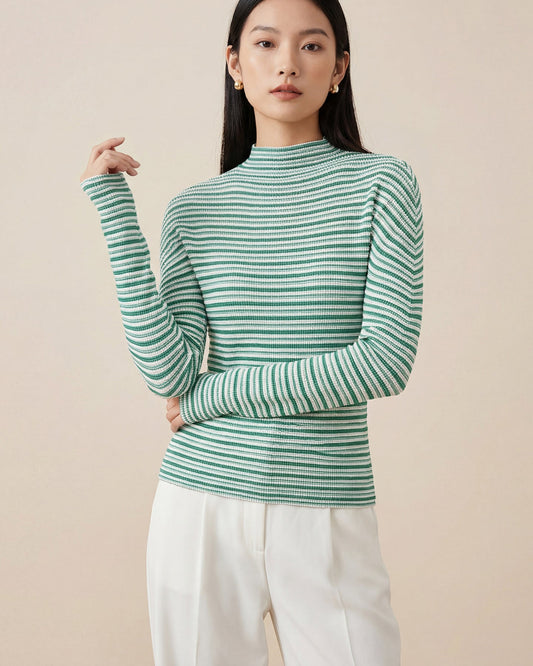 Pleated Semi-Turtleneck Slim-Fit Long-Sleeve Top