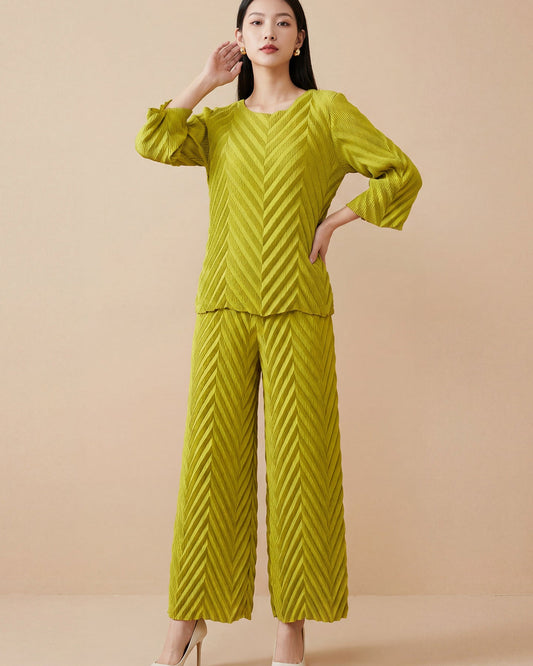 Pleated Long-Sleeve Crew-Neck Top & Wide-Leg Pants Set