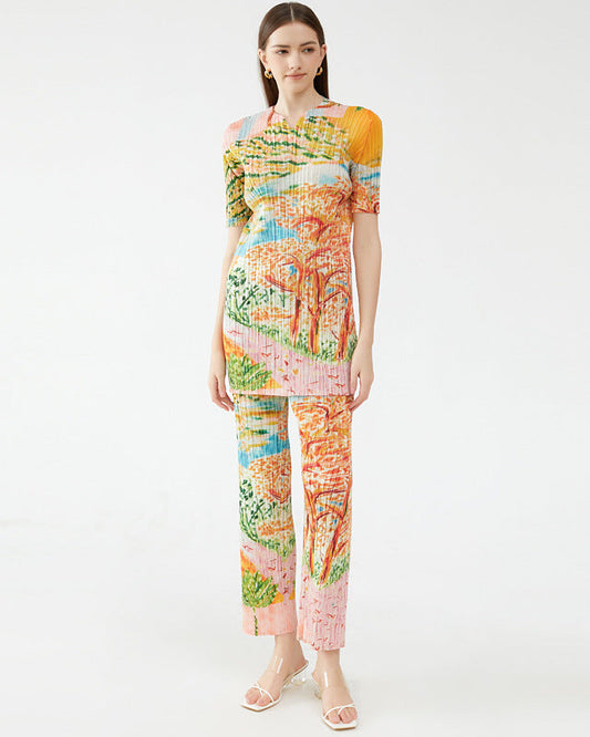 Pleated Tree Painting Print Two-Piece Set for Women